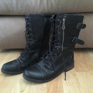 Faux Leather Strapped Combat Boots